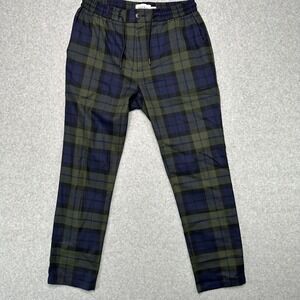 Topman Mens Plaid Pants Elastic‎ Waist Drawstring Blue Green W32 L32 NEW